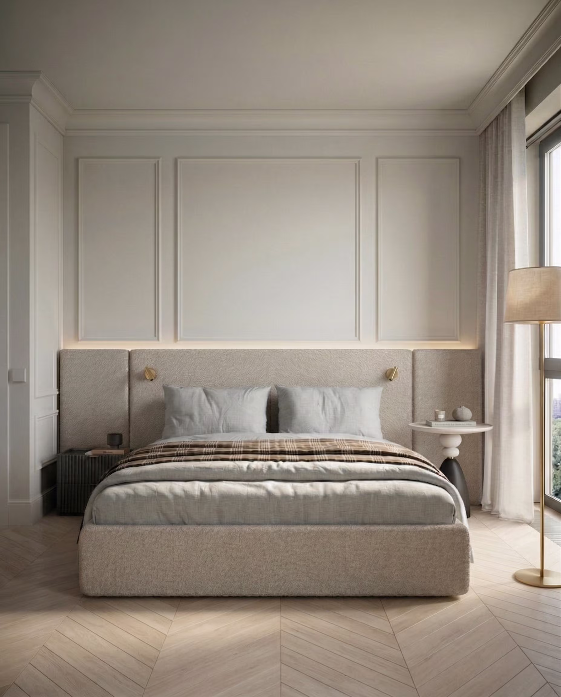 Интерьер спальни кровать двухместная в мягкой обивке Levita Grand, мягкие панели с металличtсекими вставками
