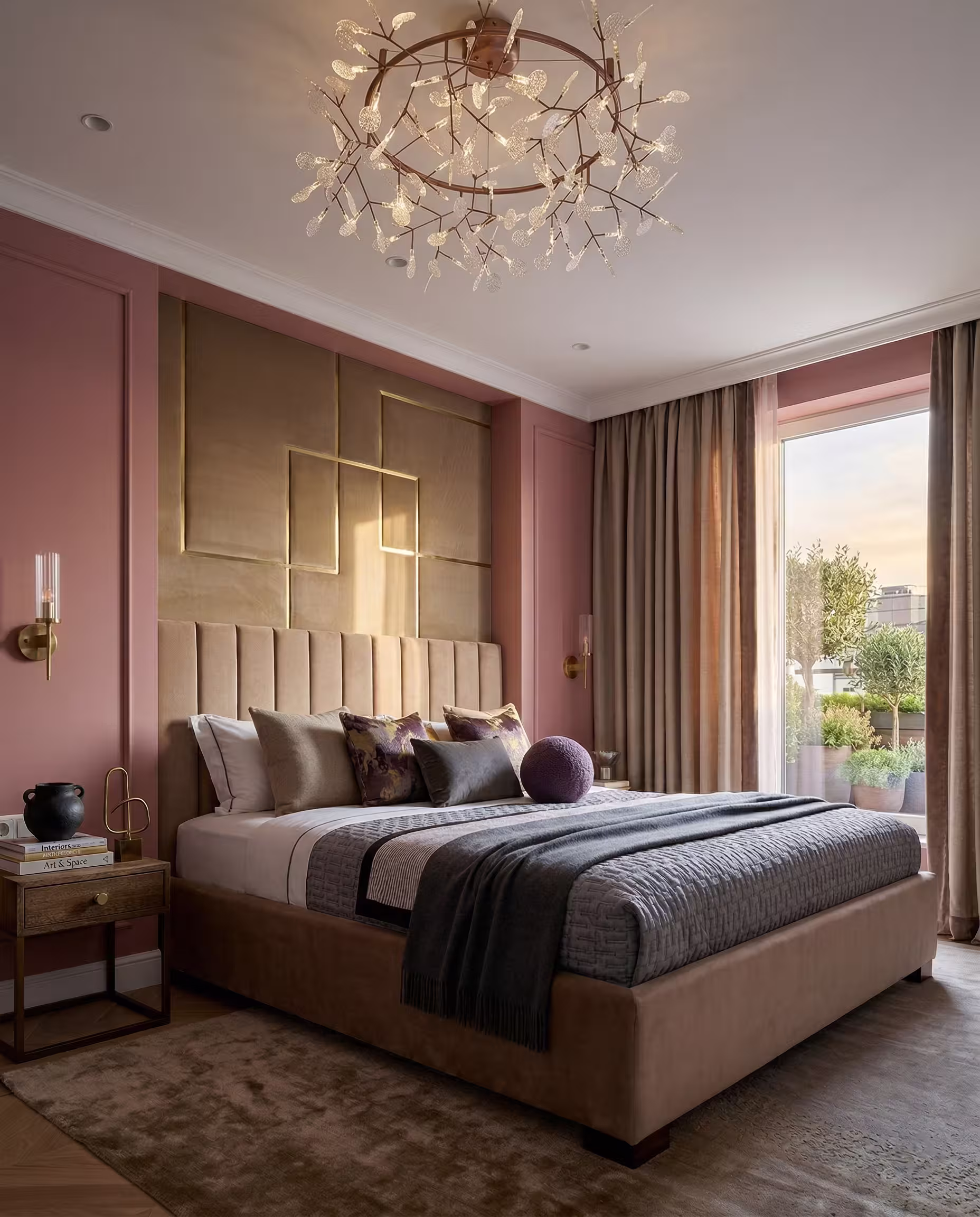 Интерьер спальни кровать двухместная в мягкой обивке Geometry c подъёмным механизмом и бельевым ящиком, мягкие панели с металличtсекими вставками